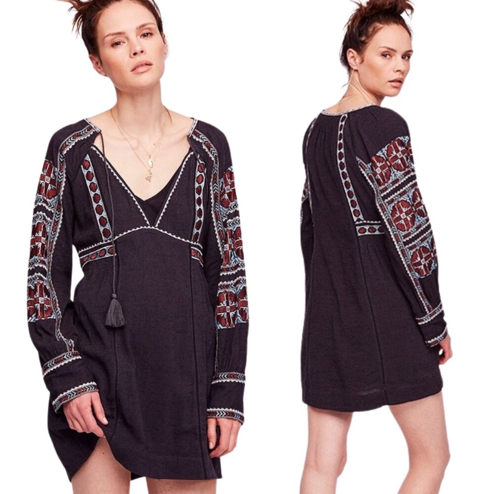 Free People All My Life Mini Dress Black Embroidered Boho Chic Size Small